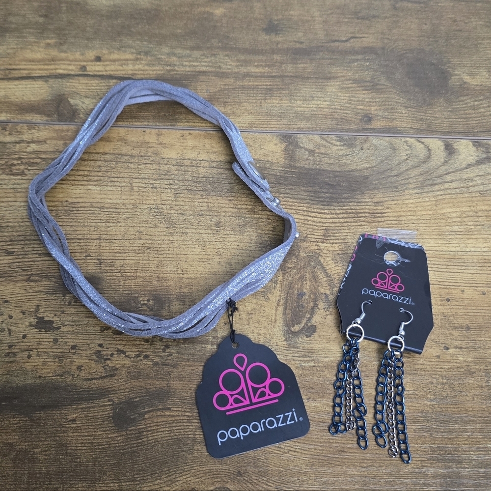 New Paparazzi Silver Fabric Chocker Necklace and Earring Set